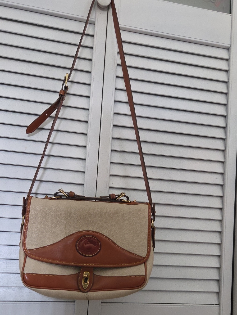 Dooney & Bourke Beige Canvas Shoulder Bag with Brown Leather Trim